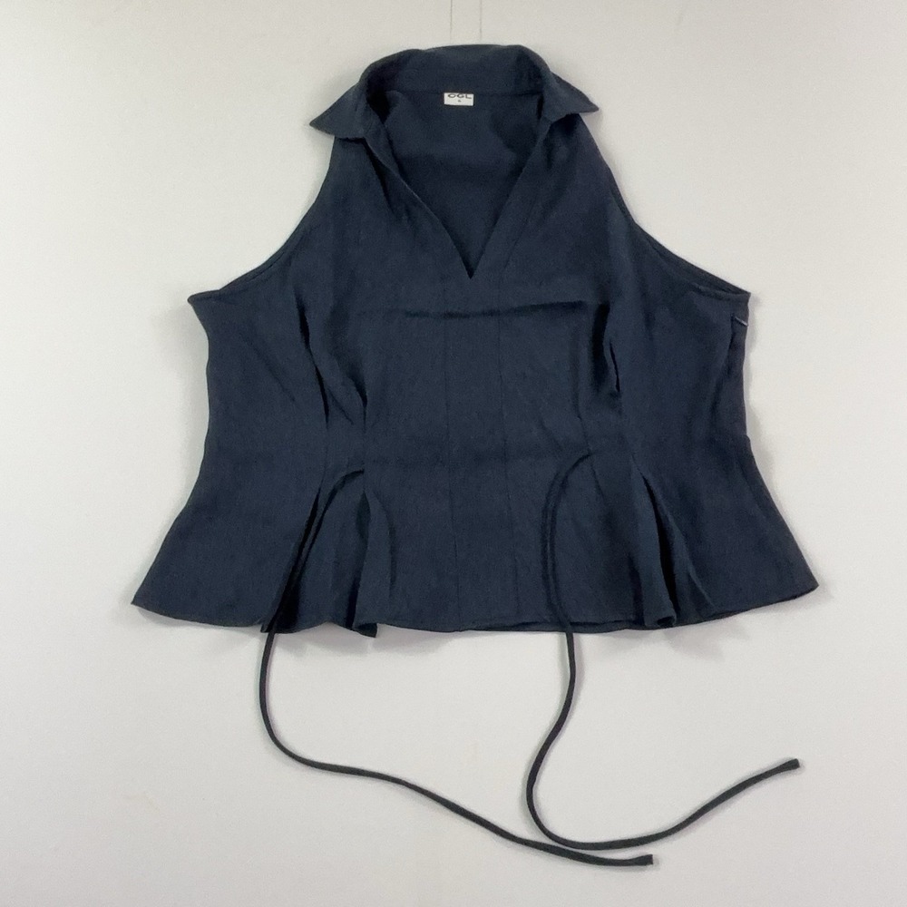 OGL Blouse Womens XL Blue Collared Sleeveless Chambray Pleated Tie Waist Top